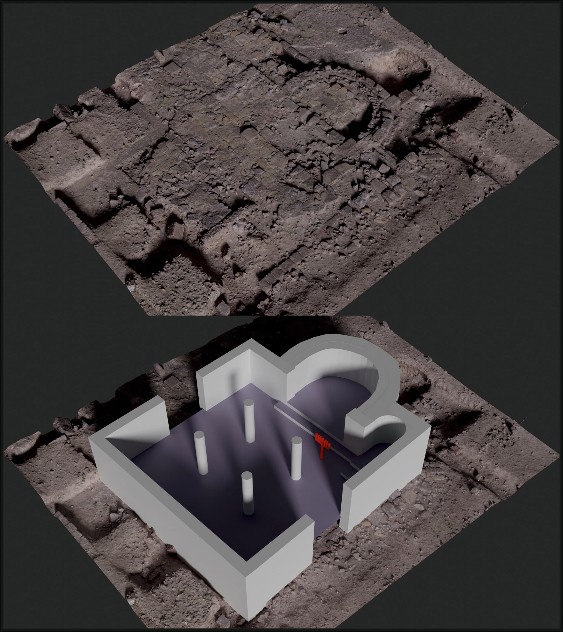 Reconstrucción digital de la sinagoga hallada en la ciudad iberorromana de Cástulo, en  Linares (Jaén).
