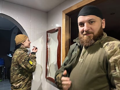 Yaroslav and Annya at home, before leaving on a mission to the Bakhmut front.

