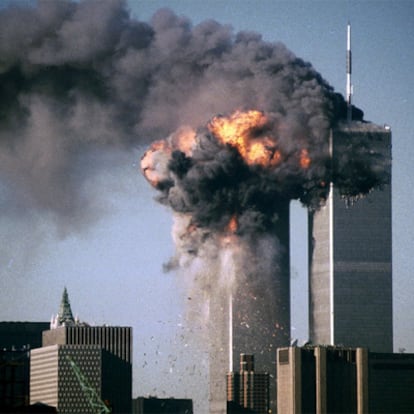 One of the planes flown by suicide pilots on September 11 smashes into the World Trade Center.