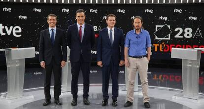 Los cuatro principales candidatos, en el debate de TVE del pasado abril.