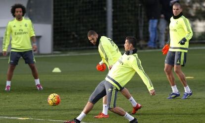 Cristiano, Benzema, Pepe y Marcelo en el entrenamiento del domingo.