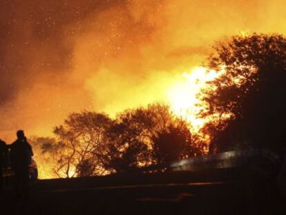 Dos polic&iacute;as cortan un puente amenazado por las llamas del incendio forestal que se mantiene activo en la sierra del Arca, en C&aacute;diz.