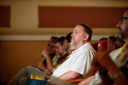 El presidente de ERC, Oriol Junqueras, en el consejo nacional de su partido en Bellpuig d'Urgell (Lleida) este sábado.