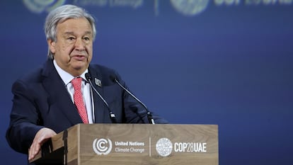 El secretario general de la ONU, António Guterres, durante su discurso en la COP28, en Dubái.