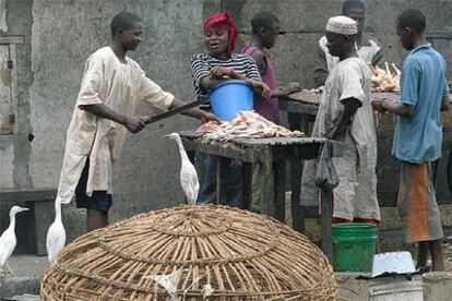 Unos comerciantes venden sus pollos en un mercado ambulante en las calles de la ciudad nigeriana de Lagos.