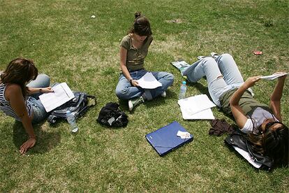 Tres estudiantes repasan unos apuntes en el campus de la Universidad Autónoma de Madrid.