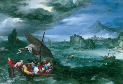 El pasaje corresponde al episodio de la tempestad calmada que tiene lugar durante una travesía en barca en el lago Tiberiades.La paleta que Brueghel emplea en esta pintura es bastante reducida de color pero rica en matices y tonos, predominando en ella los verdes, azules y grises, que rompe con los intensos rojos y amarillos de las túnicas de los apóstoles. Destaca la minuciosidad y la calidad de la pincelada.