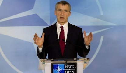 NATO secretary general Jens Stoltenberg addresses the press on Thursday in Brussels.
