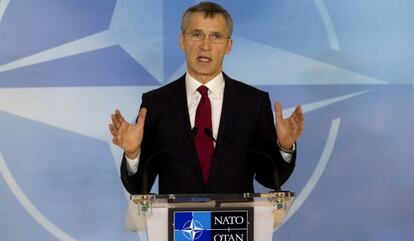 NATO secretary general Jens Stoltenberg addresses the press on Thursday in Brussels.