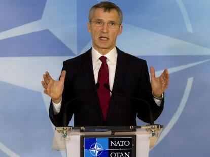 NATO secretary general Jens Stoltenberg addresses the press on Thursday in Brussels.