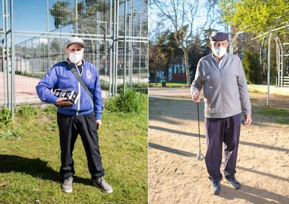 Néstor y Aurelio, dos aficionados a la petanca, en el parque de Aluche de Madrid.