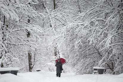 Una mujer se cubre con su paraguas mientras nieva en Moscú (Rusia), el 31 de enero de 2018.