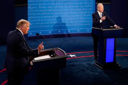 Donald Trump and Joe Biden exchange points during the first presidential debate Sept. 29, 2020, at Case Western University and Cleveland Clinic, in Cleveland, Ohio.