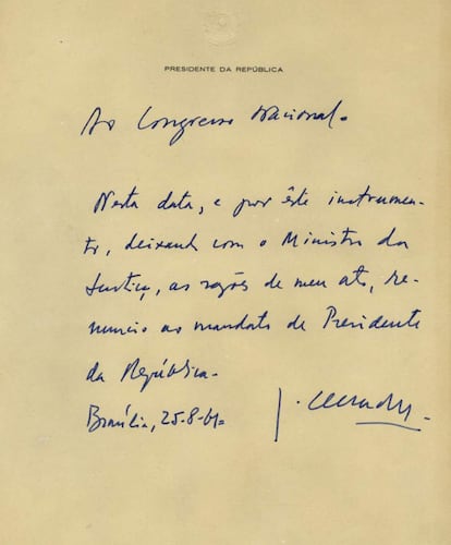 Bilhete de renúncia enviado por Jânio ao Congresso