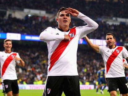 Juan Fernando Quintero celebra su gol con River Plate en la final de la Copa Libertadores 2018 frente a Boca Juniors.