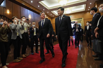 U.S. Secretary of State Antony Blinken walks with Chinese Foreign Minister Qin Gang at the Diaoyutai State Guesthouse in Beijing, China, on June 18, 2023.