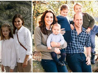 La familia real española y, a la derecha, los duques de Cambridge y sus hijos.