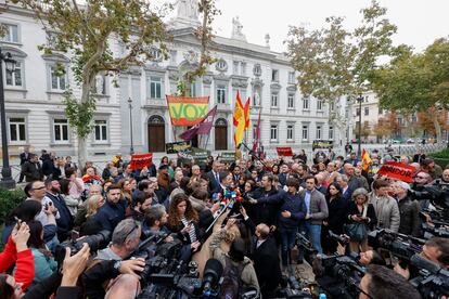 MADRID, 14/11/2023.- El presidente de Vox, Santiago Abascal, atiende a los medios tras presentar la querella contra Pedro Sánchez.