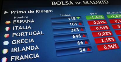 Vista de un panel de la Bolsa de Madrid que refleja la evoluci&oacute;n de la prima de riesgo de los pa&iacute;ses europeos. 