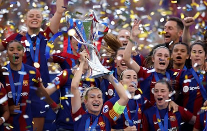 Las jugadoras del Barça celebran el título continental el pasado sábado.