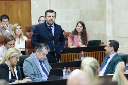 El presidente de la Junta de Andalucía, Juan Manuel Moreno (d), junto al portavoz del grupo parlamentario popular, Toni Martín, durante la sesión de control en el pleno del Parlamento andaluz.
Rocío Ruz - Europa Press
