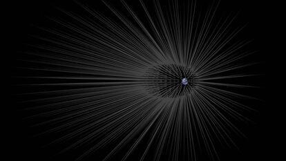 A Terra rodeada de filamentos de matéria escura, segundo uma hipótese para explicar esse tipo de matéria.