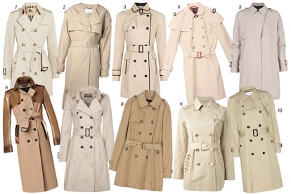 1. Burberry London Con doble botonadura y cinturón. 2. Chloé Con cinturón y capa. 3. Mango Con doble botonadura, cinturón y ribetes negros. 4. Pedro del Hierro Con capa, doble botonadura y cinturón. 5. SuiteBlanco Oversized. 6. Burberry Prorsum Con loneta y mangas y cuello de plástico. 7. mint&berry Con doble botonadura y cinturón. 8. Zara Cruzada con cinturón. 9. Michael Michael Kors Corta con tachuelas doradas. 10. Saint Laurent Paris Cruzada con cinturón.