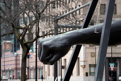 The Monument to Joe Louis, commonly known as The Fist, is seen March 2, 2023 in Detroit.