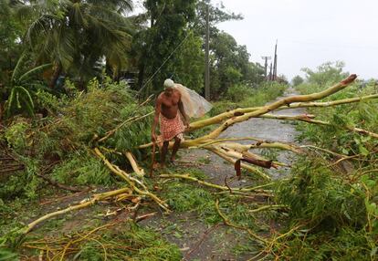 Un hombre corta ramas de un árbol arrancado por las tormentas previas al ciclón, en Khordha (India), este viernes.