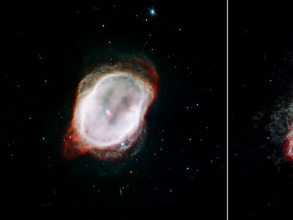 Dos perspectivas de la nebulosa: a la izquierda, resalta el gas caliente que rodea a las estrellas centrales; a la derecha, marcados los flujos moleculares dispersos de la estrella.
