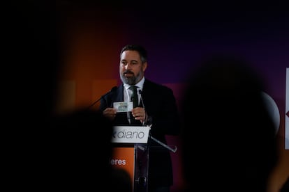 El líder de Vox, Santiago Abascal, interviene en el II Foro Económico organizado por Okdiario, este viernes en Madrid.