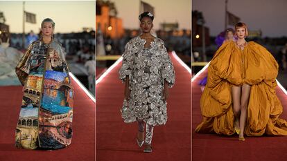 Tres de las creaciones presentadas en Alta Moda de Dolce & Gabbana, en la plaza de San Marcos este domingo.