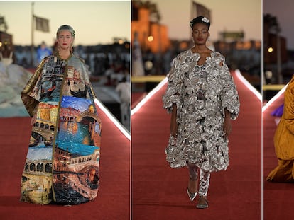 Tres de las creaciones presentadas en Alta Moda de Dolce & Gabbana, en la plaza de San Marcos este domingo.
