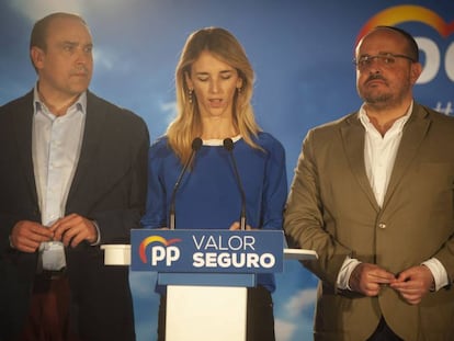 Daniel Serrano, Cayetana Álvarez de Toledo y Alejandro Fernández en la noche electoral del PP.