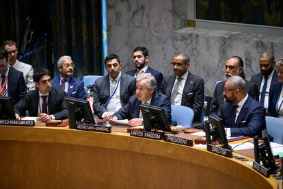 El secretario general de la ONU, António Guterres, durante la primera reunión del Consejo de Seguridad sobre inteligencia artificial.