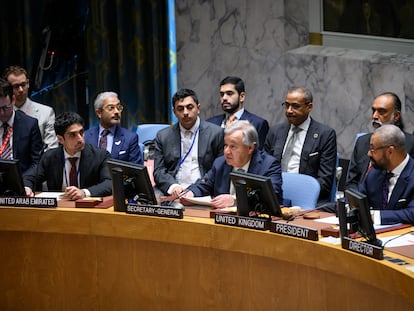 El secretario general de la ONU, António Guterres, durante la primera reunión del Consejo de Seguridad sobre inteligencia artificial.