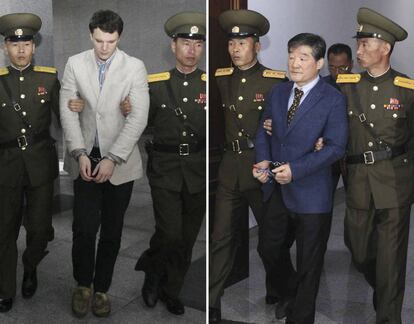 Imagen de archivo de dos estadounidenses detenidos por el r&eacute;gimen de Pyongyang. Otto Warmbier y Kim Dong-chul. Un tercer ciudadano, Kim Sang-duk, ha sido detenido este mayo. 