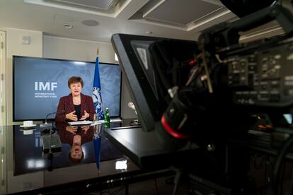 La directora gerente del FMI, Kristalina Georgieva, poco antes de la entrevista telemática.