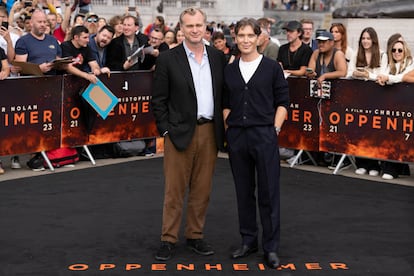 Director Christopher Nolan and actor Cillian Murphy at the 'Oppenheimer' premiere in London on July 12, 2023.
