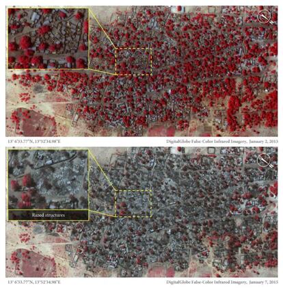 La població de Baga el passat 2 de gener (a dalt) i després de l'atac de Boko Haram (a baix).