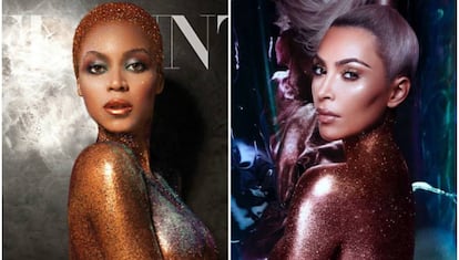 Beyoncé como portada de la revista 'Flaunt' en 2013 (izq.) y Kim Kardashian en su Instagram (dcha.).