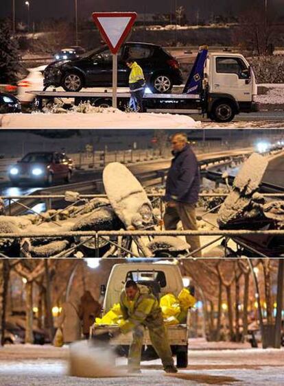 De arriba abajo, una grúa transporta un coche accidentado en la M-40. Motos cubiertas de nieve en San Blas. Un funcionario expande sal por una calle de Tres Cantos.