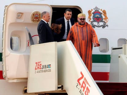 El rey de Marruecos, Mohamed VI, desembarca en el aeropuerto de Juba, en Sud&aacute;n del Sur, el pasado 1 de febrero, tras asistir a la cumbre de la Uni&oacute;n Africana en Etiop&iacute;a.
 