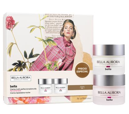 Las cajas de los cofres navideños de Bella Aurora, creadas en colaboración con Pils Ferrer, son para guardar como un tesoro. La firma ha preparado varias combinaciones con algunas de sus cremas más vendidas como esta, que incluye la Crema multiperfeccionadora de día y la Crema reparadora de noche (47 euros).