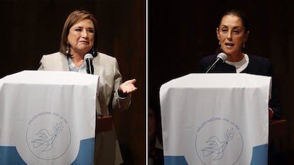 Xóchitl Gálvez y Claudia Sheinbaum durante sus respectivas participaciones en el Diálogo Nacional por la Paz, el 11 de marzo.
