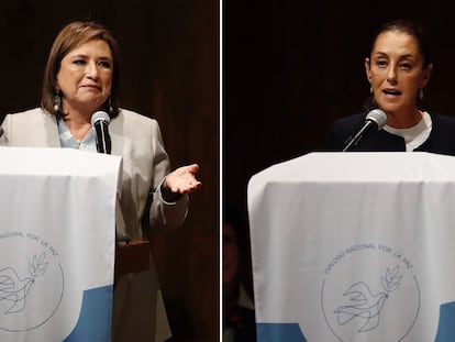 Xóchitl Gálvez y Claudia Sheinbaum durante sus respectivas participaciones en el Diálogo Nacional por la Paz, el 11 de marzo.