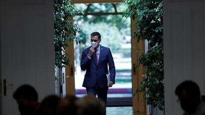 Pedro Sánchez, antes de la rueda de prensa.