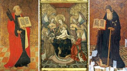 La imagen de la virgen conservada en el MNAC de Garcia de Benabarre, franqueada por la tabla de San Pedro (a la izquierda) y San Antonio Abad que se conservan en un museo francés.