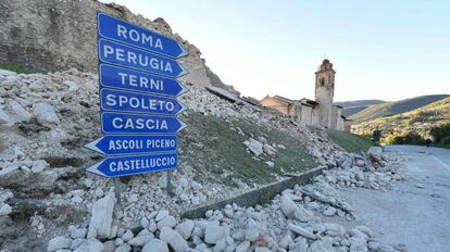 L'entrada a la localitat de Norcia, aquest diumenge.