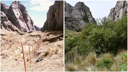Dos fotografías que comparan un mismo sitio en Los Gigantes, Córdoba, en 1997 y luego en 2020.